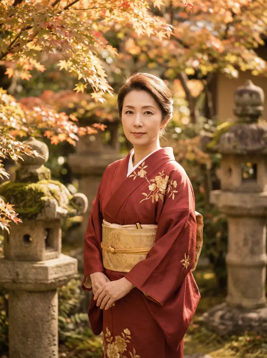 一位身穿暗红色和服的优雅 超级战舰女主角 在日式庭院中