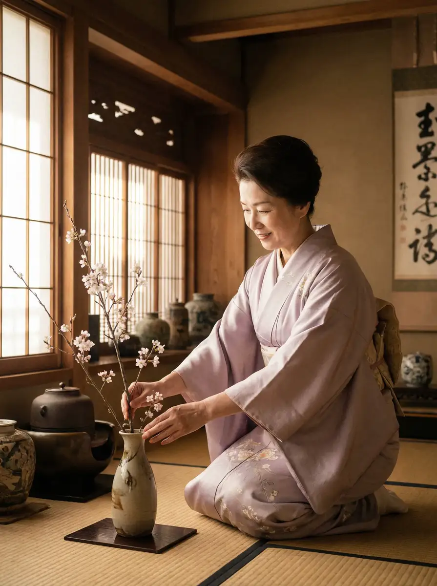 一位优雅的 超级战舰女主角 在和室中插花
