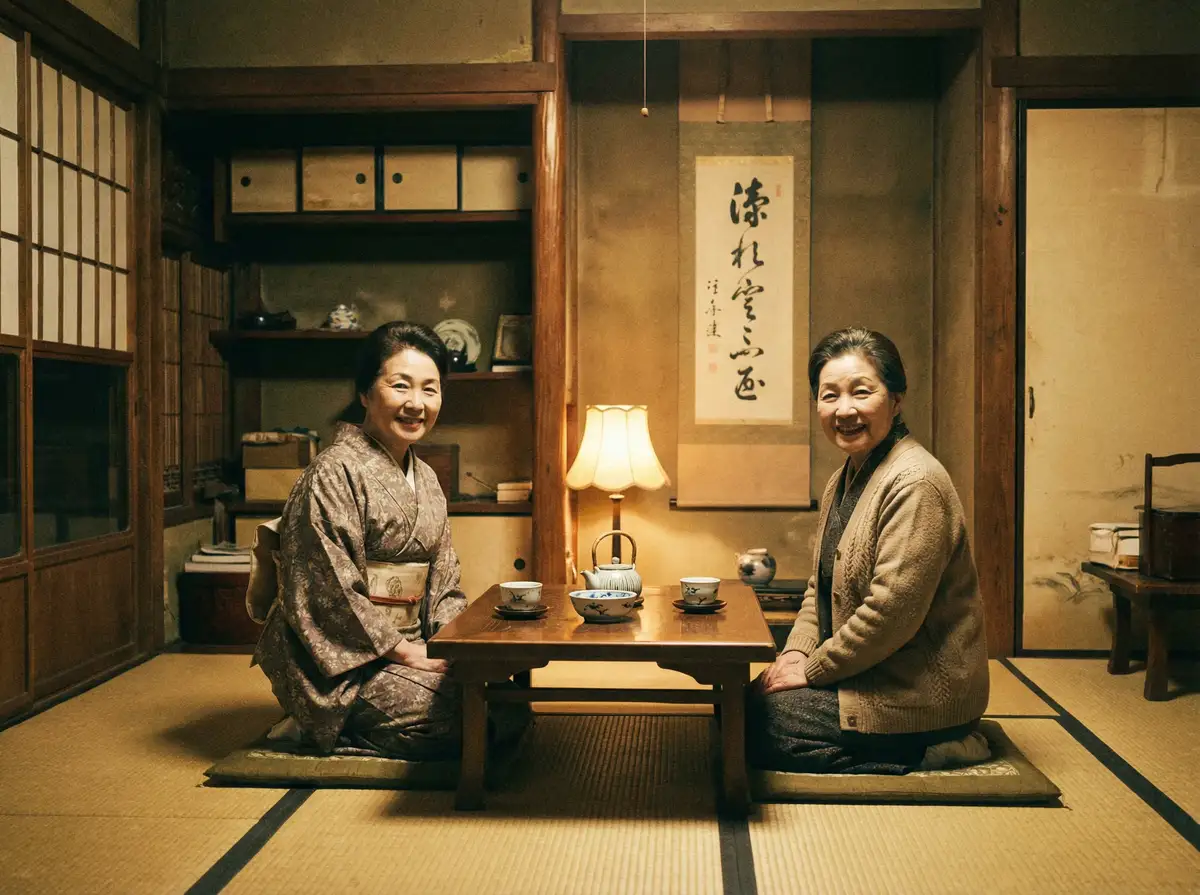 两位优雅的 超级战舰女主角 在日式茶室中品茶交谈